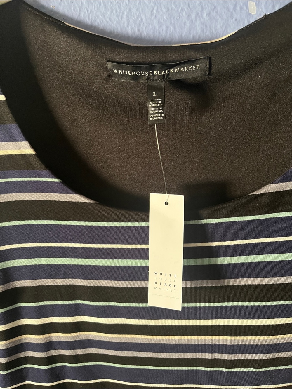 White House Black Market Navy, Mint & Light Gray Striped Short Sleeve Tee